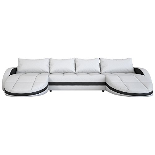 Wohnlandschaft weiß-schwarz in Leder-Optik: Edle Designer Couch mit LED, großer 4 Sitzer, 364 cm breit, Leder-Sofa mit zwei 156 cm tiefen Recamiere / Ottomanen, links & rechts | 2 Eck-Sofa | Made in EU