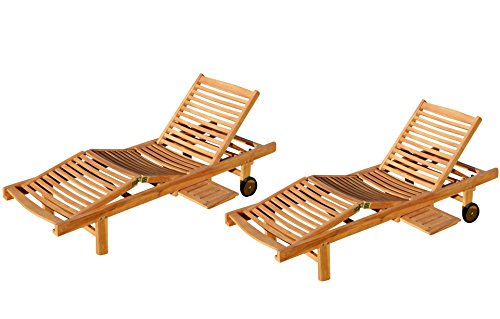 ASS 2X Echt Teak Sonnenliege Gartenliege Strandliege Holzliege Holz vielfach Verstellbar mit Tischablage Sehr Robust Modell: 2xJAV-Cozy von