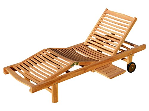ASS Echt Teak Sonnenliege Gartenliege Strandliege Holzliege Holz vielfach Verstellbar mit Tisch Sehr Robust Modell: JAV-Cozy von