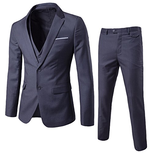 Allthemen Herren 3-Teilig Anzug Slim Fit Zwei Knöpfe Anzughose Anzugweste Grau Medium
