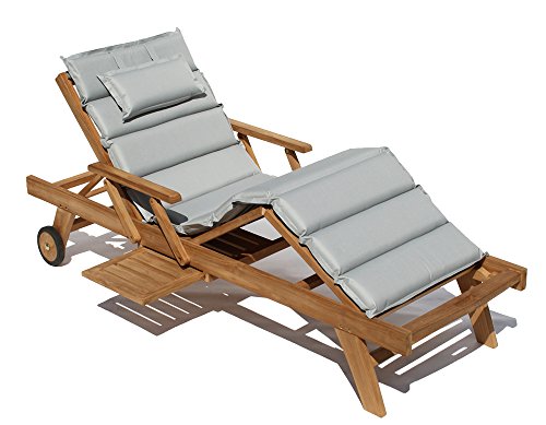 Baltico Teak Holz Liege Gartenliege Sonnenliege + Auflage Hellgrau11 Taupe