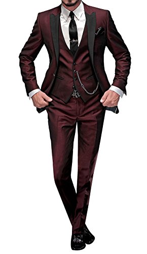 GEORGE BRIDE Herren Anzug 5-Teilig Anzug Sakko,Weste,Anzug Hose,Krawatte,Tasche Platz 002,Burgund XXL