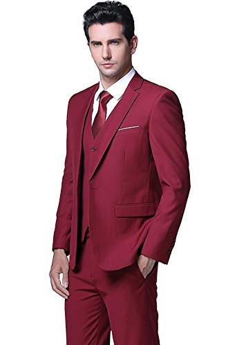 Herren Anzug Regular Fit Business Anzüge 3-Teilig Anzugjacke Anzughose Weste Rot XS