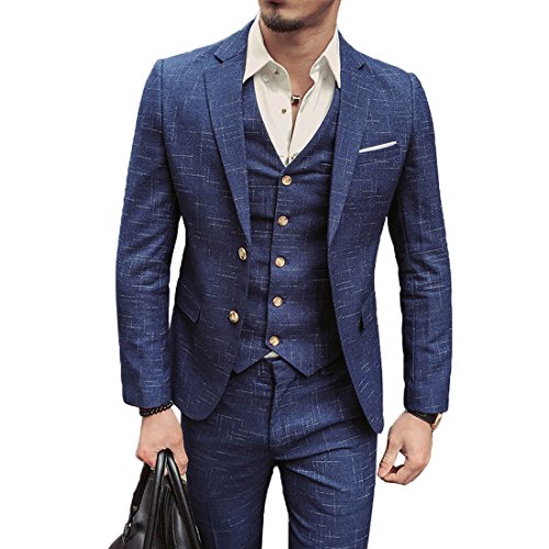 Herren Anzug Slim Fit 3 Teilig mit Weste Sakko Anzughose Business Smoking von Harrms (Blau, L/50)