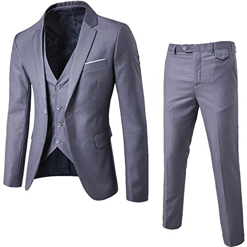 Herrenanzug Herren Slim Fit 3-Teilig Business Anzüge mit Weste Sakko Anzughose Gräulich M