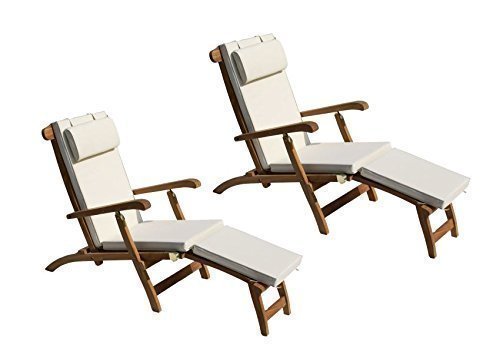 Liegestuhl Teak Holz Massiv Deckchair // 2 Stück // Inkl. Auflagen Creme