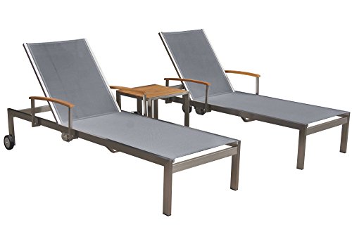 OUTFLEXX 2er-Set Sonnenliegen, silber, Edelstahl/Teak, mit Beistelltisch 45 x 45cm