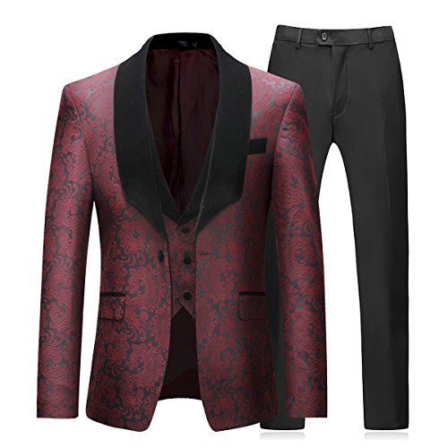 Sliktaa Herren 3-teiliger Anzug bedrückt ein Knopf Schal Revers slim fit Smoking jacke,die geblümte Stoffes mit der chinesischen Art,und Weste und Anzughose.