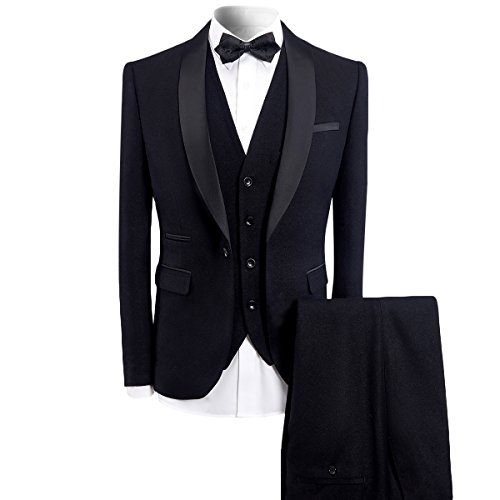 Sliktaa Herren Anzug 3 Teilig slim fit Hochzeit Party ein Knopf Schal Revers Smokingjacke und Weste Hose