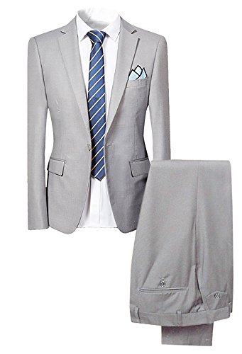 Slim Fit 2-Teilig Herren Anzug für Hochzeit Party HellGrau Large