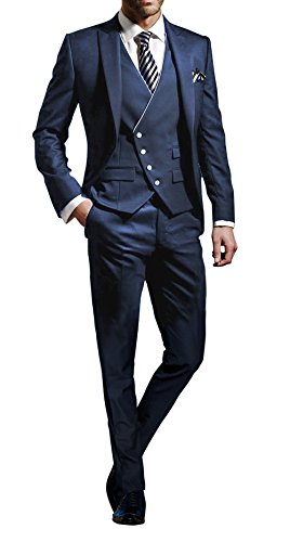 Suit Me Herren 3-Teilig Anzug Slim Fit Hochzeiten Party Smoking Anzuege Sakko,Weste,Hose Blau L