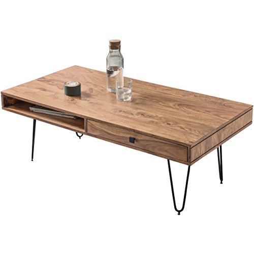 Wohnling Couchtisch Massiv-Holz Akazie 120 cm Breit Wohnzimmer-Tisch Design Metallbeine Landhaus-Stil Beistelltisch Natur-Produkt Wohnzimmermöbel Unikat Modern Massivholzmöbel Echtholz rechteckig