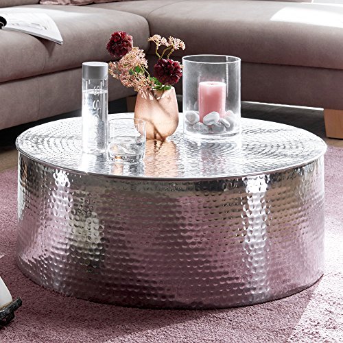 Wohnling Couchtisch RAHI 75x31x75 cm Aluminium Beistelltisch Silbern Orientalisch Rund | Flacher Hammerschlag Sofatisch Metall | Design Wohnzimmertisch Modern | Loungetisch Indisch Stubentisch Klein