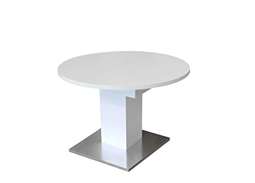 0588/104 Tisch rund weiss matt / Edelstahloptik Esszimmertisch Küchentisch Speisezimmer ausziehbar auf 144 cm