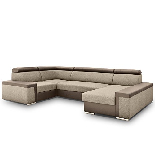 Big Ecksofa Dimaro mit Verstellbare Kopfstützen, Polsterecke mit Bettkasten und Schlaffunktion, Bettsofa, Funktionssofa U-Form, Design Eckcouch mit Bettfunktion (Ecksofa Rechts, Soft 030 + Muna 03)