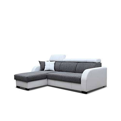 Ecksofa Deco, Eckcouch mit Bettkasten und Schlaffunktion, Design-Schlafsofa mit einstellbaren Kopfstützen, Polsterecke, Elegante L-Form Couch Couchgarnitur (Ottomane Universal, Soft 017 + Sumatra 2)