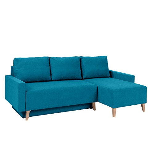 Ecksofa Oviedo, Eckcouch mit Bettkasten und Schlaffunktion, Seite Universal, Polsterecke, Elegante L-Form Couchgarnitur (Moric 13, Füße: San Remo Eiche Hell)