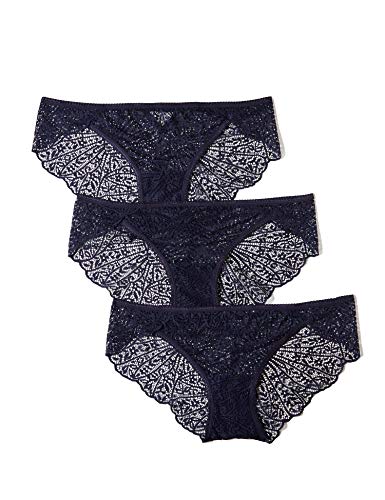 Iris & Lilly Graphic Floral Lace Hipster, Blau (Maritime Blue), Medium, 3er-Pack