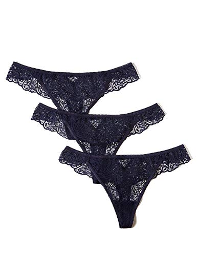 Iris & Lilly Graphic Floral Lace Low Rise Tanga, Blau (Maritime Blue), Medium, 3er-Pack