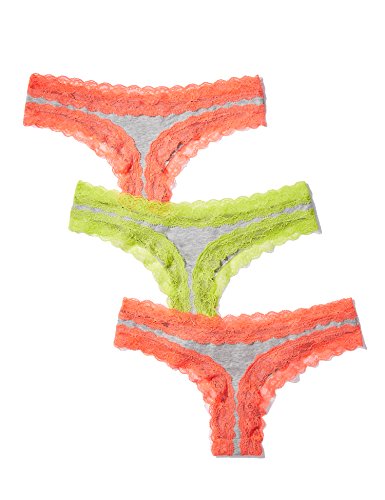 Iris & Lilly Tanga Damen Baumwolle mit Spitze, 3er Pack, Mehrfarbig (Melange With Acid Lime Trim / Melage With Fiery Coral Trim), 42 (Herstellergröße:XL)