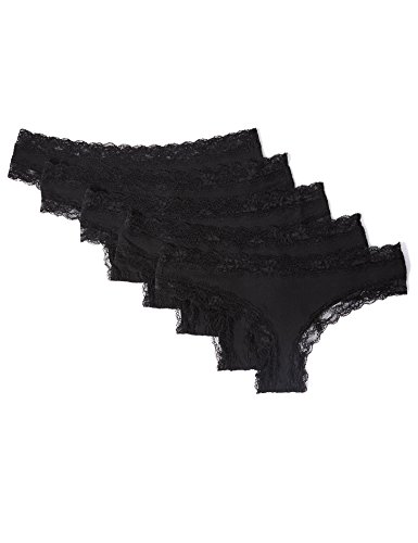 Iris & Lilly Tanga Damen Baumwolle mit Spitze, 5er Pack, Schwarz (Black), 38 (Herstellergröße:M)