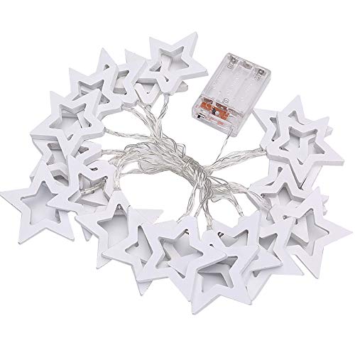 ODJOY-FAN 1M / 2M / 3M LED String Lights, Star Klein Beleuchtung Zeichenfolge Batterie Hölzern Fee Zeichenfolge Licht Party Dekor Licht Holzstern LED Zeichenfolge Licht (Weiß,S)