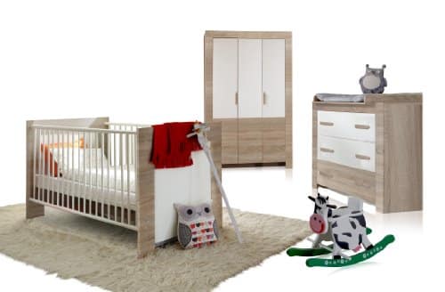 Wimex 384381 Babyzimmer Set Emily bestehend aus Kleiderschrank 3-türig 135 cm, Babybett 70 x 140 cm, Kommode und Wickelaufsatz, Eiche Sägerau Nachbildung, Absetzung, alpinweiß