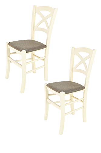 Tommychairs - 2er Set Stühle Cross, Robuste Struktur aus lackiertem Buchenholz in der Anilinfarbe Weiss und Sitzfläche mit Stoff in der Farbe Rehbraun bezogen. Set bestehend aus 2 Stühlen Cross