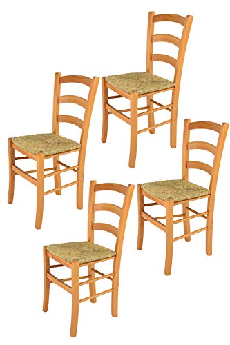 Tommychairs - 4er Set Stühle Venice für Küche und Esszimmer, robuste Struktur aus lackiertem Buchenholz im Farbton Honig und Sitzfläche aus Stroh. Set bestehend aus 4 Stühlen Venice