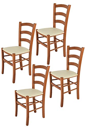 Tommychairs 4er Set Stühle Venice robuste Struktur aus lackiertem Buchenholz im Farbton Kirschbaum und Sitzfläche mit Kunstleder in der Farbe Elfenbein bezogen. Set bestehend aus 4 Stühlen Venice