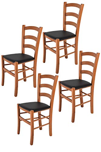 Tommychairs 4er Set Stühle Venice, robuste Struktur aus lackiertem Buchenholz im Farbton Kirschbaum und Sitzfläche mit Kunstleder in der Farbe Schwarz bezogen. Set bestehend aus 4 Stühlen Venice