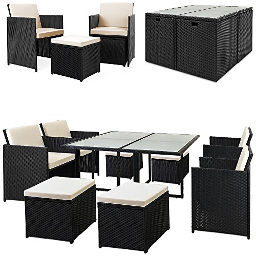 Deuba Poly Rattan Sitzgarnitur 8+1 Cube I 7cm Dicke Auflagen I klappbare Rückenlehne I platzsparend [ Auswahl 2+1 | 4+1 | 8+1 | 10+1 ] - Sitzgarnitur Gartengarnitur Gartenmöbel Set