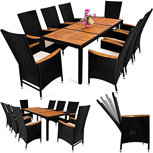 Deuba® Poly Rattan Sitzgruppe 8+1 Schwarz | 7 cm dicke Sitzauflagen | Tisch + Armlehnen aus Akazienholz | neigbare Rückenlehnen | wetterbeständiges Polyrattan [ Modellauswahl 4+1 / 6+1 / 8+1 ] - Gartenmöbel Gartenset Sitzgarnitur