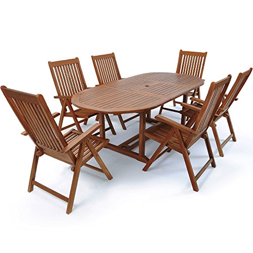 Deuba Sitzgruppe Vanamo 6+1 | 6 verstellbare Stühlen | ausklappbarer Tisch - 2 x 1,0 m Länge | FSC®-zertifiziertes Eukalyptusholz [ Modellauswahl 4+1/6+1/8+1 ] - Sitzgarnitur Gartenmöbel Set