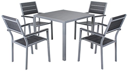 Miweba Bermuda Polywood 4+1 Aluminium Sitzgarnitur 90x90 Alu Gartenmöbel 4 Stühle Sitzgruppe Tisch Holz Gartenset (Schwarz)