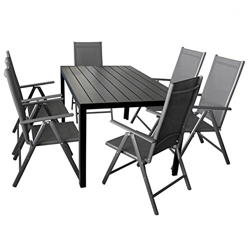 Multistore 2002 7-teilige Gartengarnitur Gartenmöbel Terrassenmöbel Set Sitzgruppe Aluminium Gartentisch Polywood 150x90cm + 6X Hochlehner 2x2 Textilen