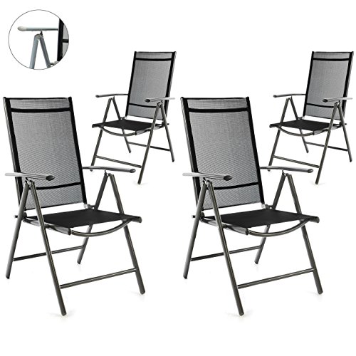 Nexos 4er Set Klappstuhl schwarz 7-Fach-verstellbar Gartenstuhl Aluminium Anthrazit mit Armlehne Hochlehner witterungsbeständig Rahmen anthrazit Balkonstuhl leicht stabil (Rahmenfarbe wählbar)