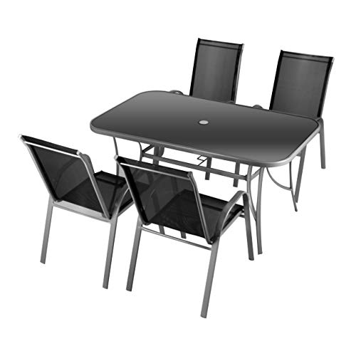 Nexos 5-teiliges Gartenmöbel-Set – Gartengarnitur Sitzgruppe Sitzgarnitur aus Stapelstühlen & Esstisch – Aluminium Kunststoff Glas – schwarz grau
