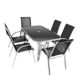 Nexos 7-teiliges Gartenmöbel-Set – Gartengarnitur Sitzgruppe Sitzgarnitur aus Stapelstühlen & Esstisch – Aluminium Kunststoff Glas – schwarz grau