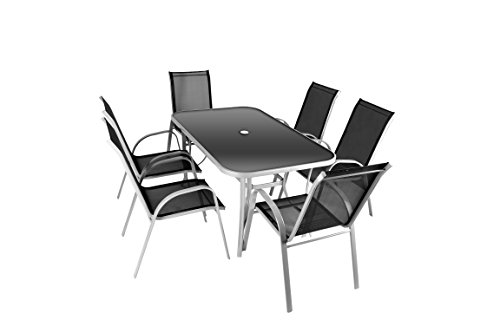 Nexos 7-teiliges Gartenmöbel-Set – Gartengarnitur Sitzgruppe Sitzgarnitur aus Stapelstühlen & Esstisch – Aluminium Kunststoff Glas – schwarz grau