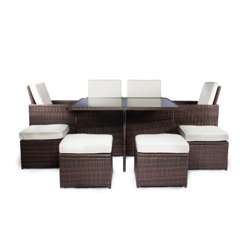 Vanage Gartenmöbel-Set „Sydney“ in braun beige, Rattan-Optik - Polyrattan Lounge-Möbel für Garten, Balkon & Terrasse - 4 Rattan-Stühle, 4 Rattan-Hocker & Esstisch - Outdoor-Möbel inkl. Auflage