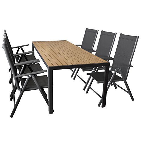 Wohaga 7er Set Gartenmöbel Aluminium Gartentisch mit Polywood Tischplatte 205x90cm + 6X klappbare Hochlehner mit 2x2 Textilengewebe, Rückenlehne 7-Fach verstellbar