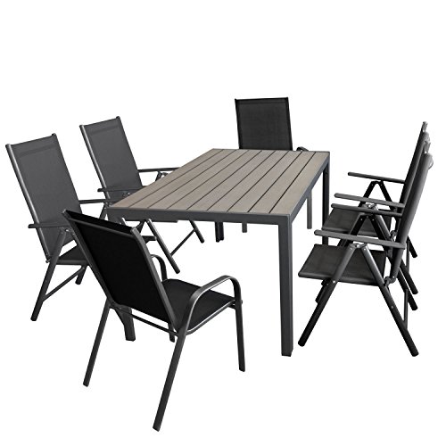 Wohaga Gartenmöbel-Set Aluminiumtisch mit Grauer Polywood-Tischplatte, 150x90cm + 4X verstellbare Alu Hochlehner mit Textilenbespannung + 2X Stapelstuhl mit Textilenbespannung
