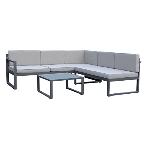 greemotion Gartenmöbel-Set Alu Costa Rica - Gartenlounge aus Aluminium mit Auflagen in Grau & 3 Deko-Kissen - Loungeset inkl. 2 x 2-Sitzer, Ecksessel mit Liege-Funktion & Tisch für Outdoor & Indoor