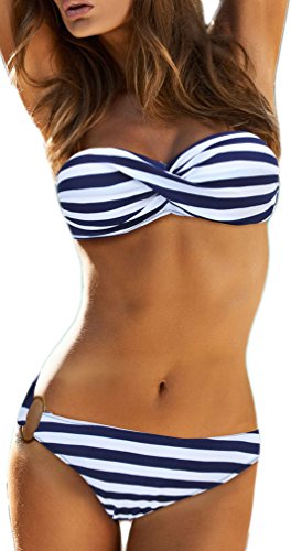 EUDOLAH Damen Bandeau Padded Bikini-Set Trägerlosen Badeanzug Push Up (M, A-Blaue Streifen)