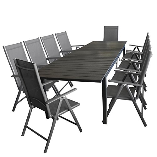 Wohaga 11tlg. Gartengarnitur Gartenmöbel Terrassenmöbel Set Sitzgruppe Aluminium Gartentisch Polywood 280/220x95cm ausziehbar Schwarz + 10x Hochlehner 2x2 Textilen Grau