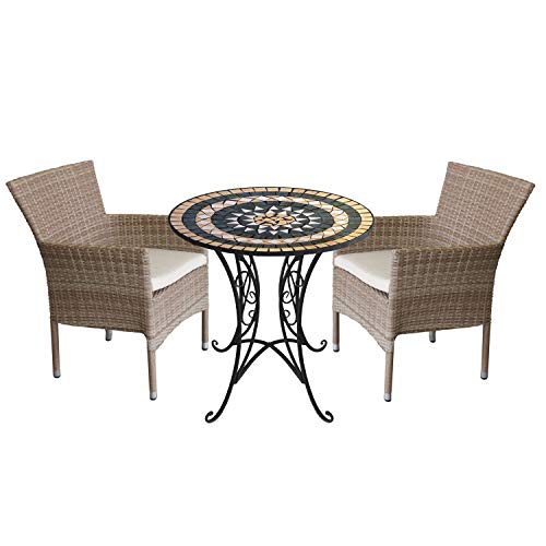 Wohaga 3tlg. Sitzgarnitur Gartenmöbel-Set Mosaiktisch Ø70cm + 2X Rattansessel, stapelbar, Polyrattan Natur, inkl. Kissen beige