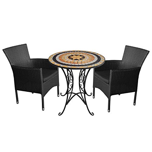 Wohaga 3tlg. Sitzgruppe Gartenmöbel-Set Mosaiktisch Ø70cm + 2X Rattansessel, stapelbar, Polyrattan, inkl. Kissen - Schwarz