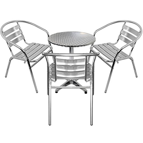 Wohaga 4er Set Gartenmöbel Gartengarnitur Aluminium Bistrogarnitur Bistrotisch Stehtisch Ø60cm Tischplatte Schleifoptik + 3X stapelbare Bistrostühle - Silber