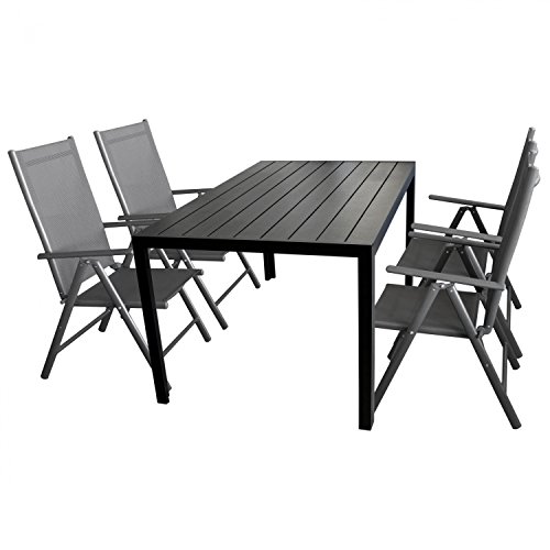 Wohaga 5tlg. Gartengarnitur Gartenmöbel Terrassenmöbel Set Sitzgruppe Aluminium Gartentisch Polywood 150x90cm Schwarz + 4X Hochlehner 2x2 Textilen Grau